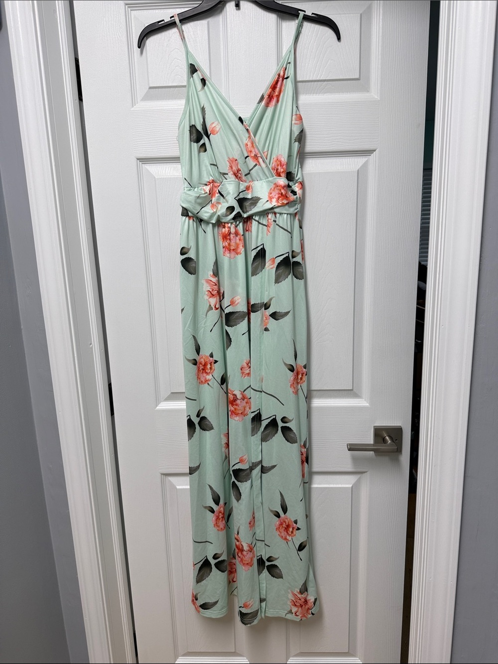 Mint Green Floral Maxi Dress with Coral Blooms